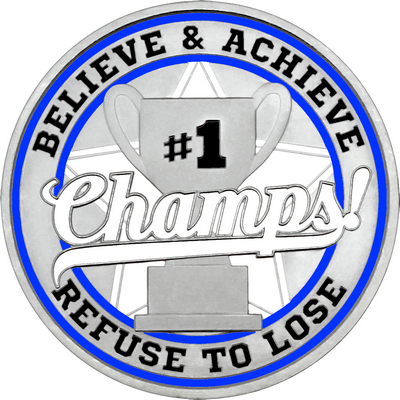 White "Champs!" with Royal Blue Outer Circular Borders